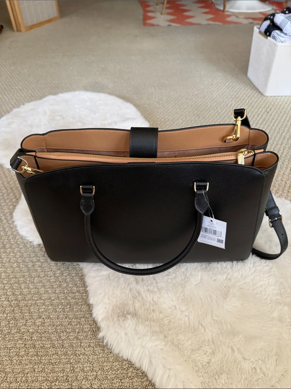 kate spade Black Leather Structured Large Tote with Gold Hardware